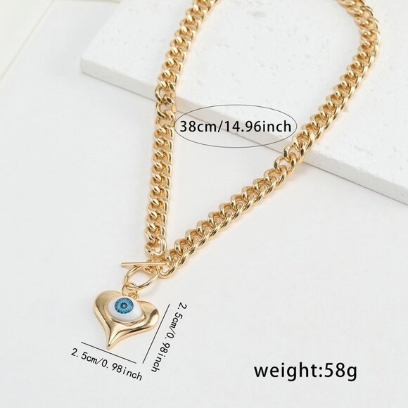 Evil Eye Heart Pendant Necklace Gold Tone Toggle Clasp 15 Inch Chain New - Picture 6 of 10